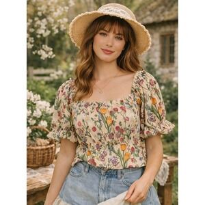 Floral Puff Sleeve Tie Back Crop Top Cottagecore Romantic Cream Multi 2XL